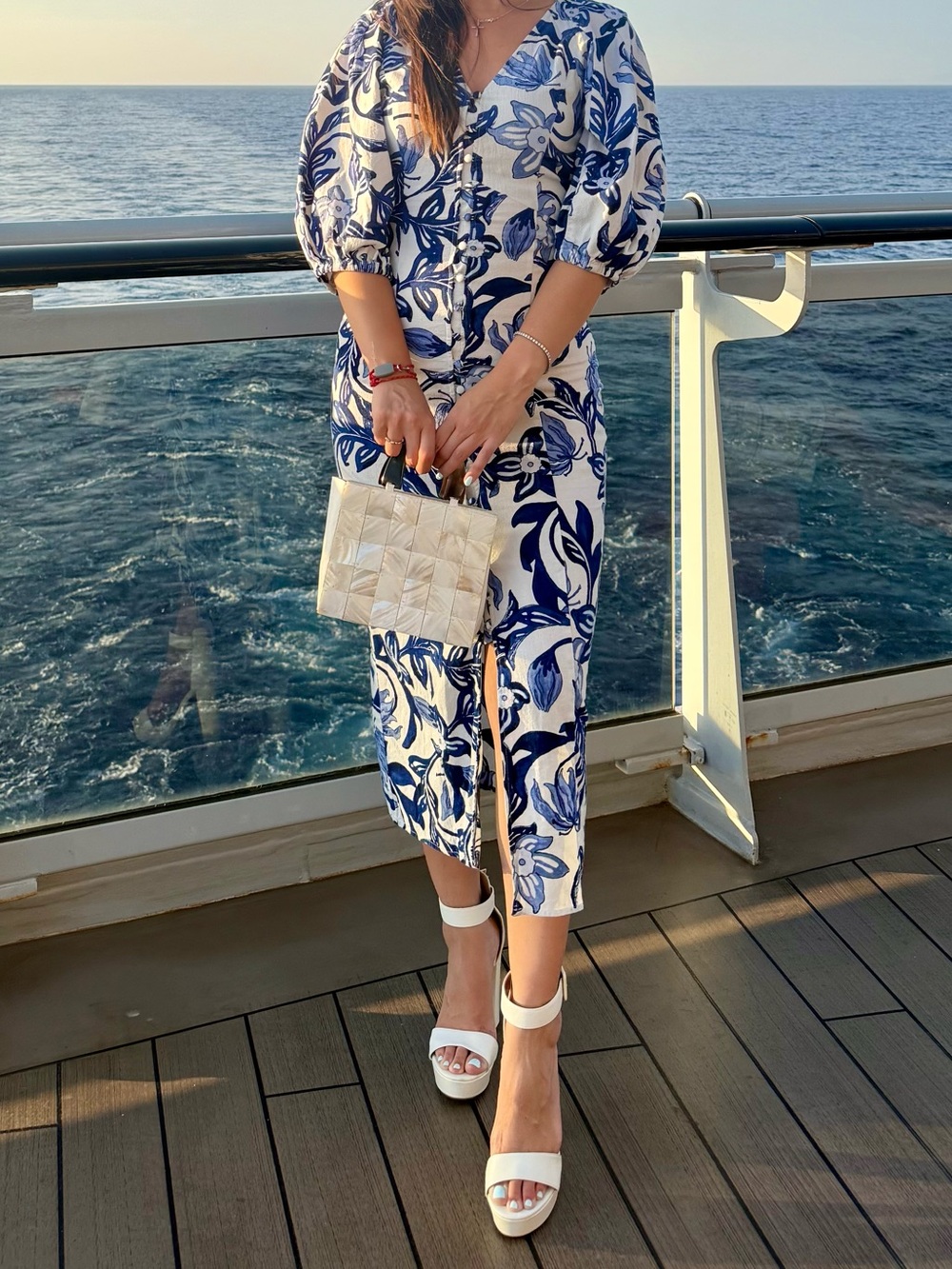 H&M White and Blue Floral Button-Front Midi Dress